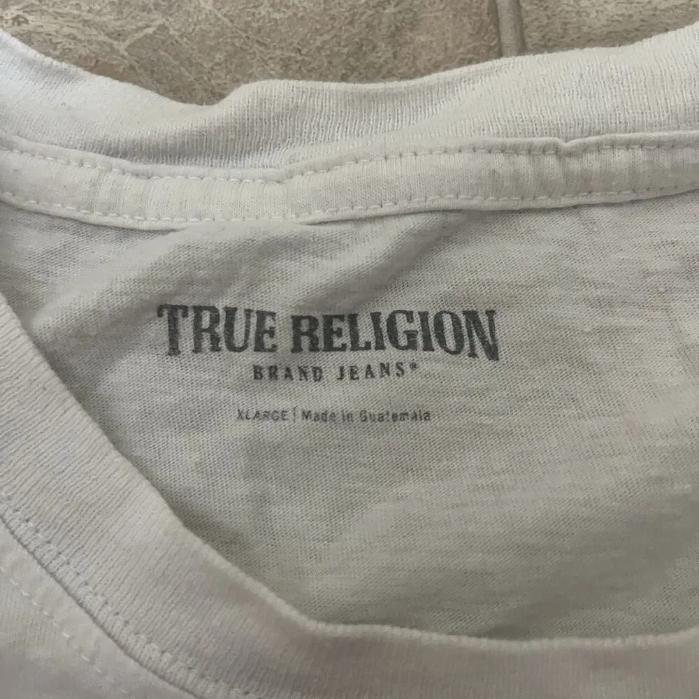 True Religion Mens XL White Distorted World Wide Web Graphic T-Shirt Buddha Tee